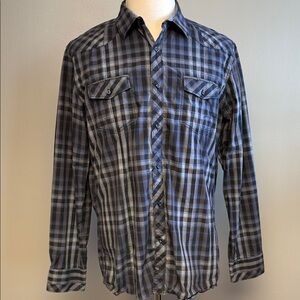 7 Diamonds Plaid Button Up Shirt XL 100% Cotton Blue Gray Casual